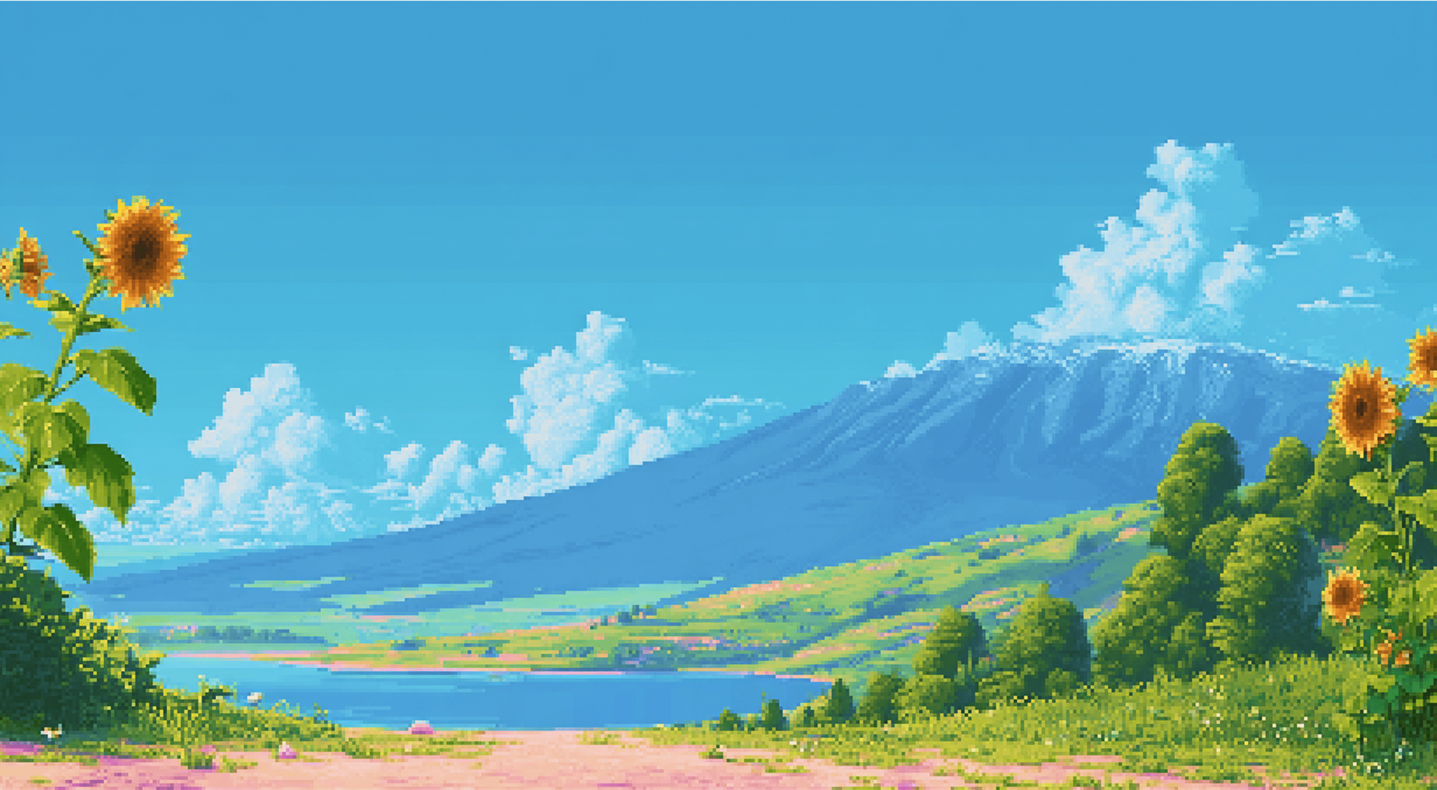 Hero animation background of a pixelated landscape with a blue sky and clouds